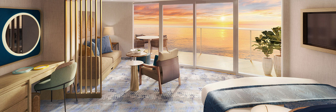 Icon of the Seas Sunset Corner Suite Bedroom