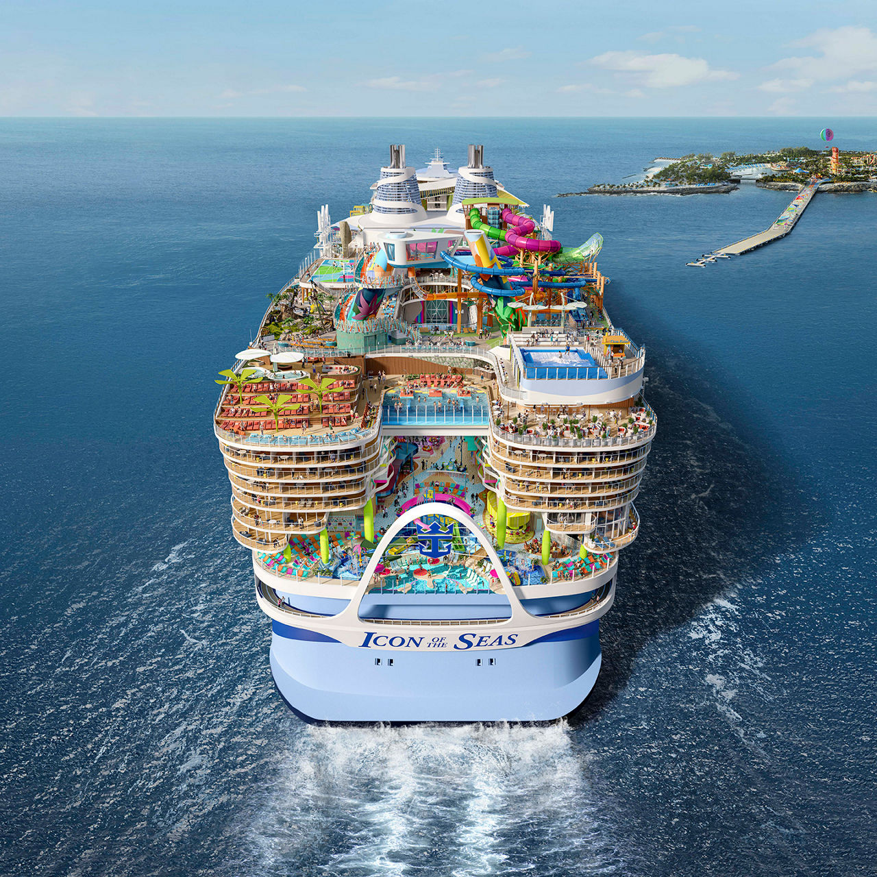 Icon of the Seas Aerial Aft Perfect Day Render