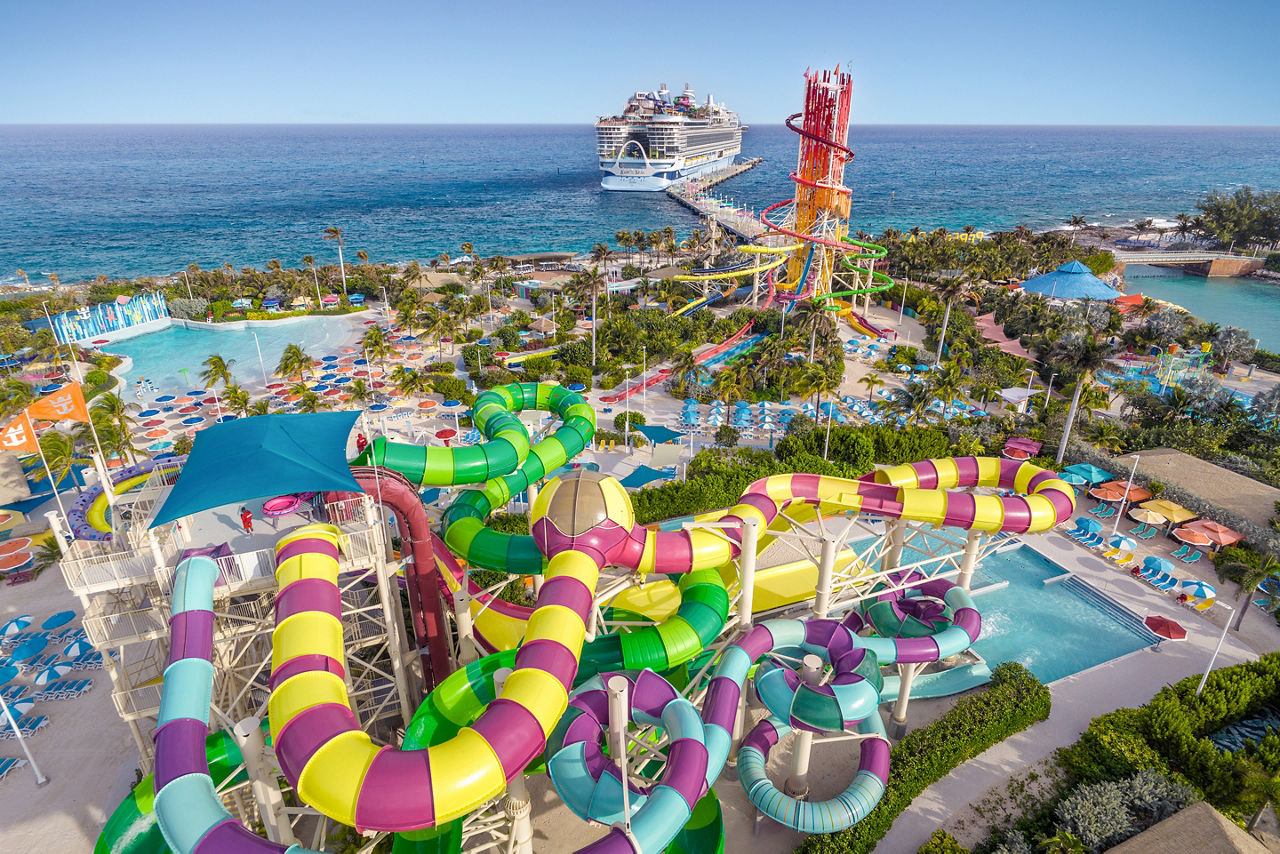 Icon of the Seas docked at Perfect Day at Coco Cay Aerial 