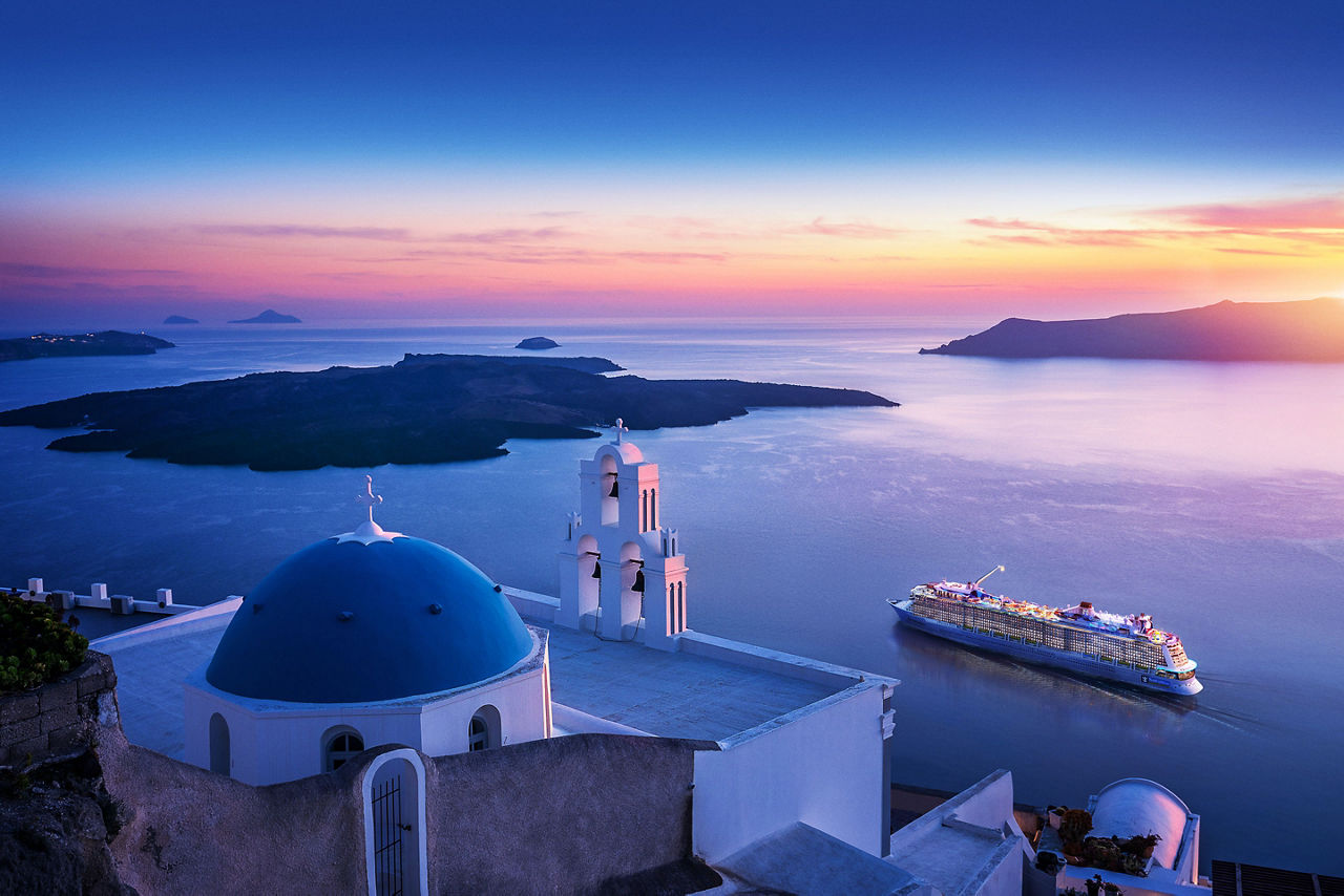 Odyssey of the Seas, Sailing Night Time Through Santorini