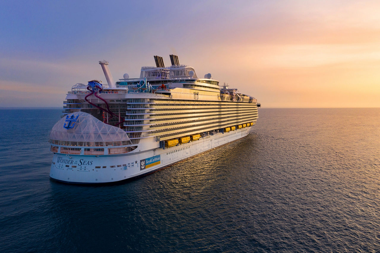 Wonder of the Seas Aft Sunset Aerial