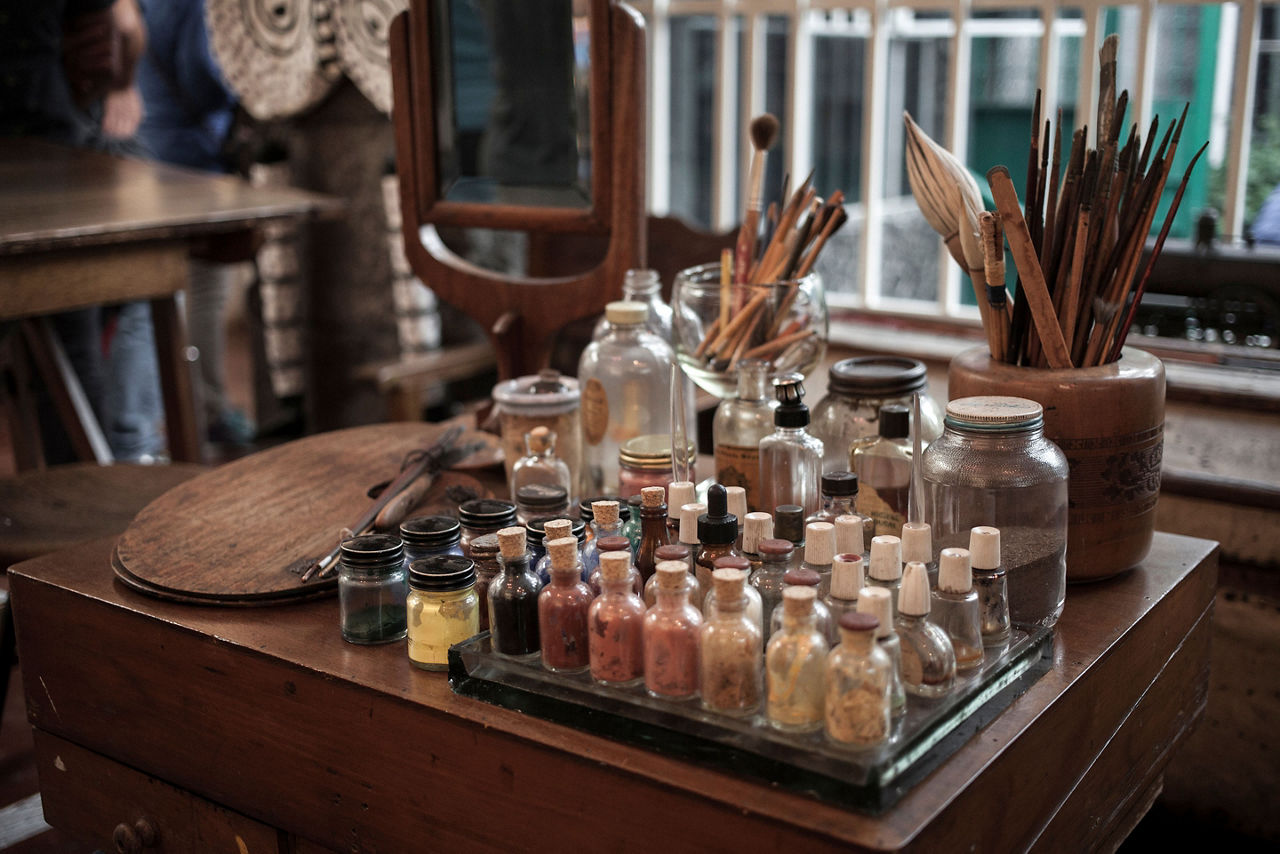 Paints and Brushes on Display Frida Kahlo Museum in Coyoacán México.
