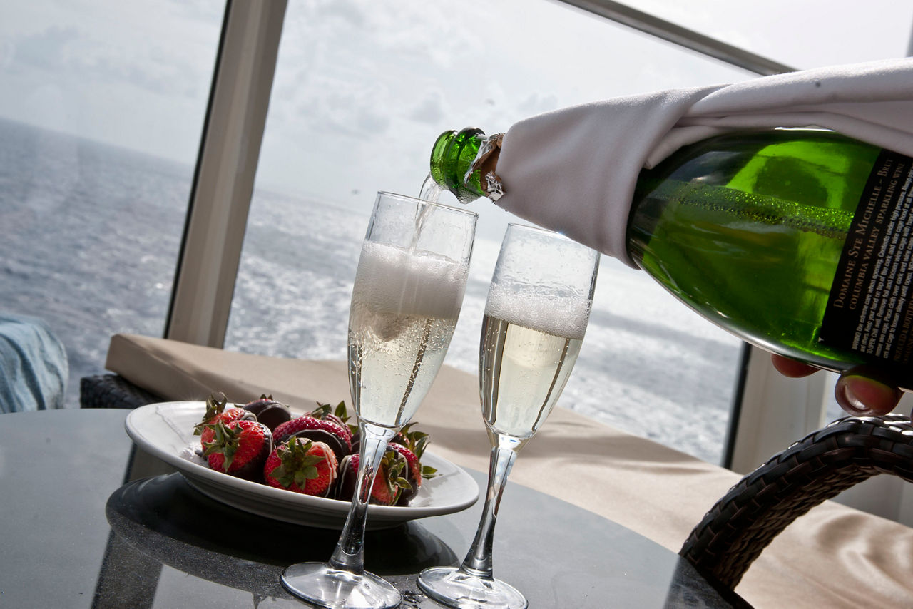 Room Service Bottle Glass Champagne and Strawberries