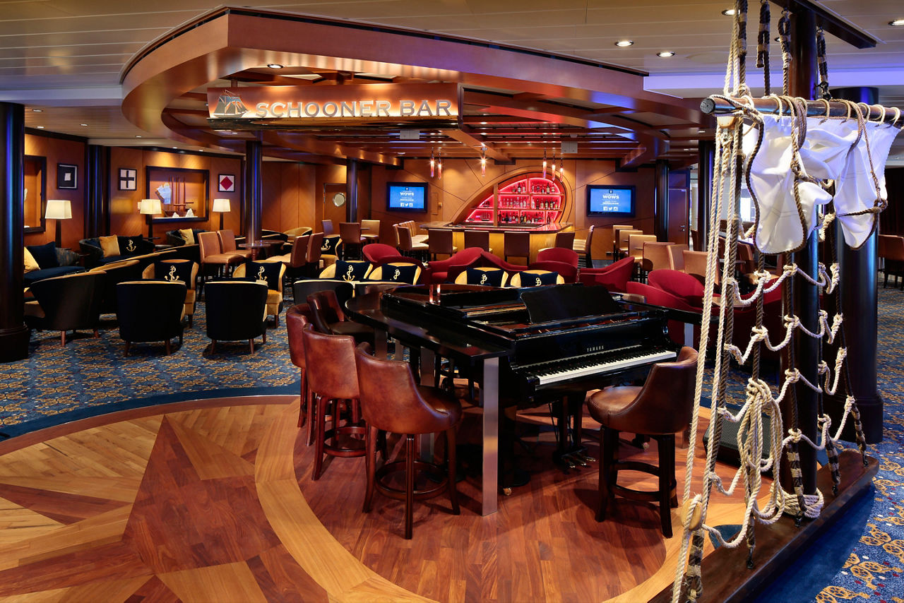 AN, Anthem of the Seas, Schooner Bar, lounge, piano, ship rigging decor, screens in back,