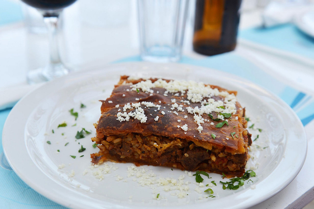 Traditional Kefalonian meat pie from a restaurant in Argostoli, Greece