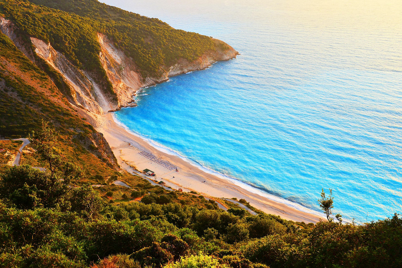 Sunset at famous Myrtos beach in Argostoli, Greece