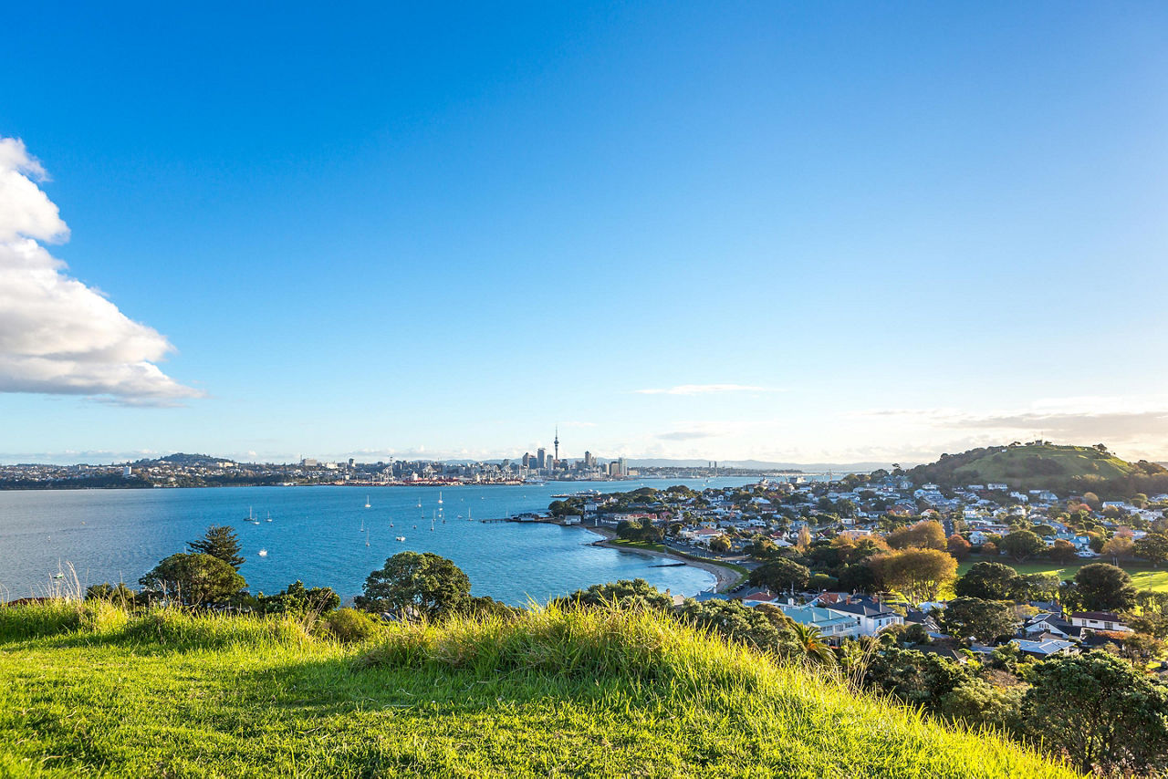 Waitemata harbor with a view of Auckland, New Zealand in the distance