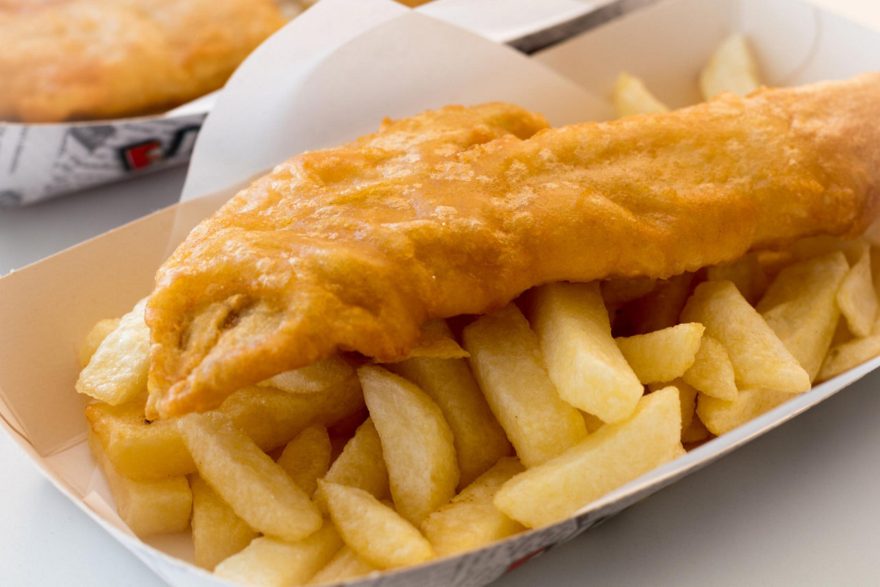 a tray of fish and chips