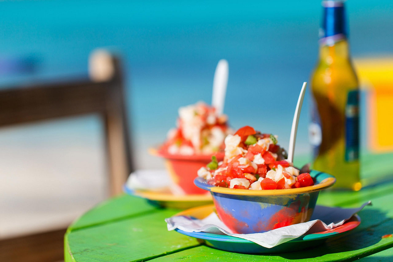 Two bowls on Conch Salad on a Beachside Table, Bimini, Bahamas