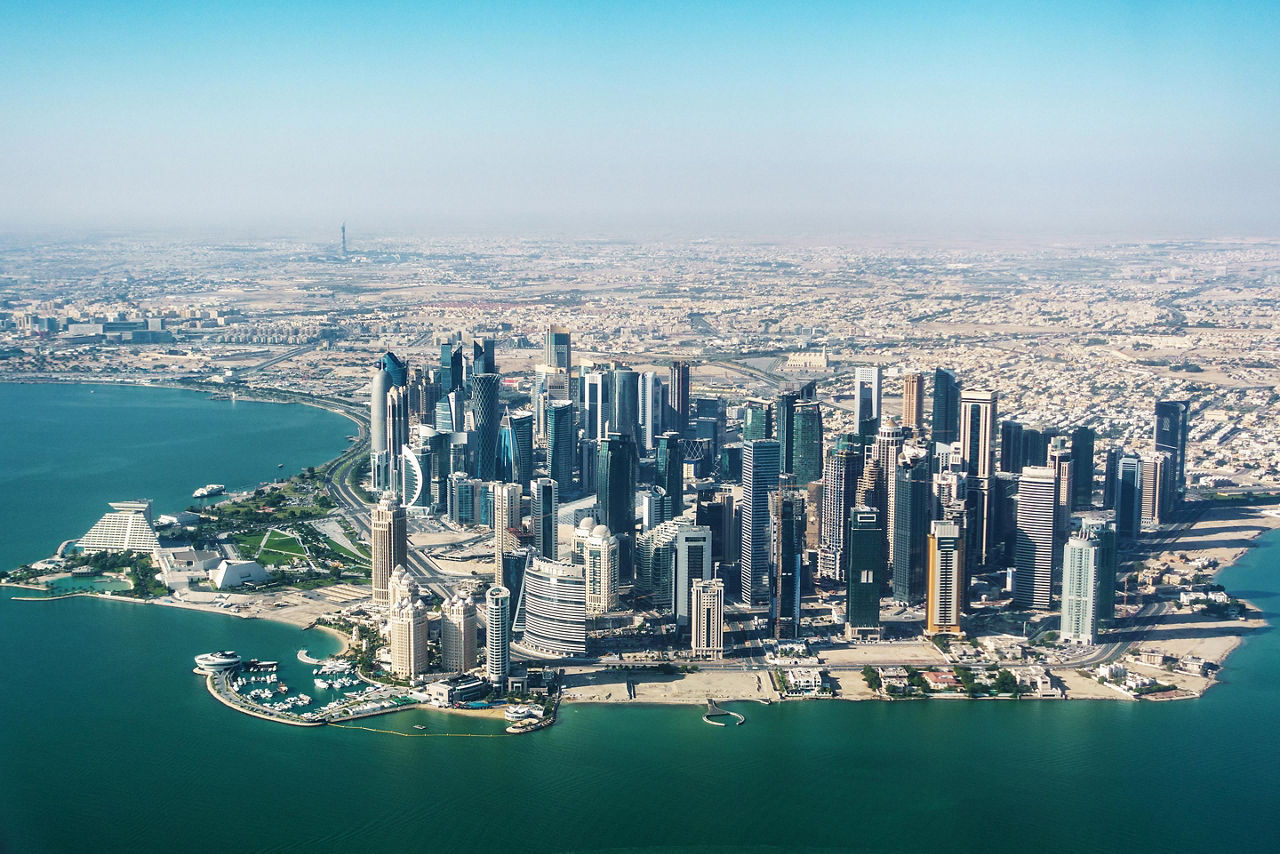 Aerial view of the densely packed skyscrapers in Doha, Qatar