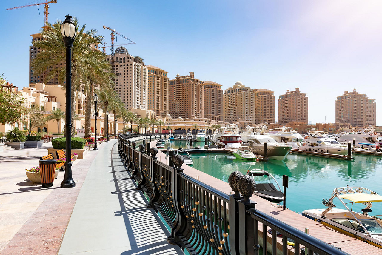 The marina waterfront walkway at the Pearl in Doha, Qatar