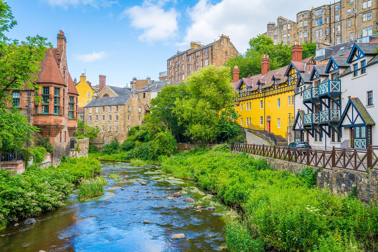 A river running through scenic Dean Village in Edinburgh, Scotland