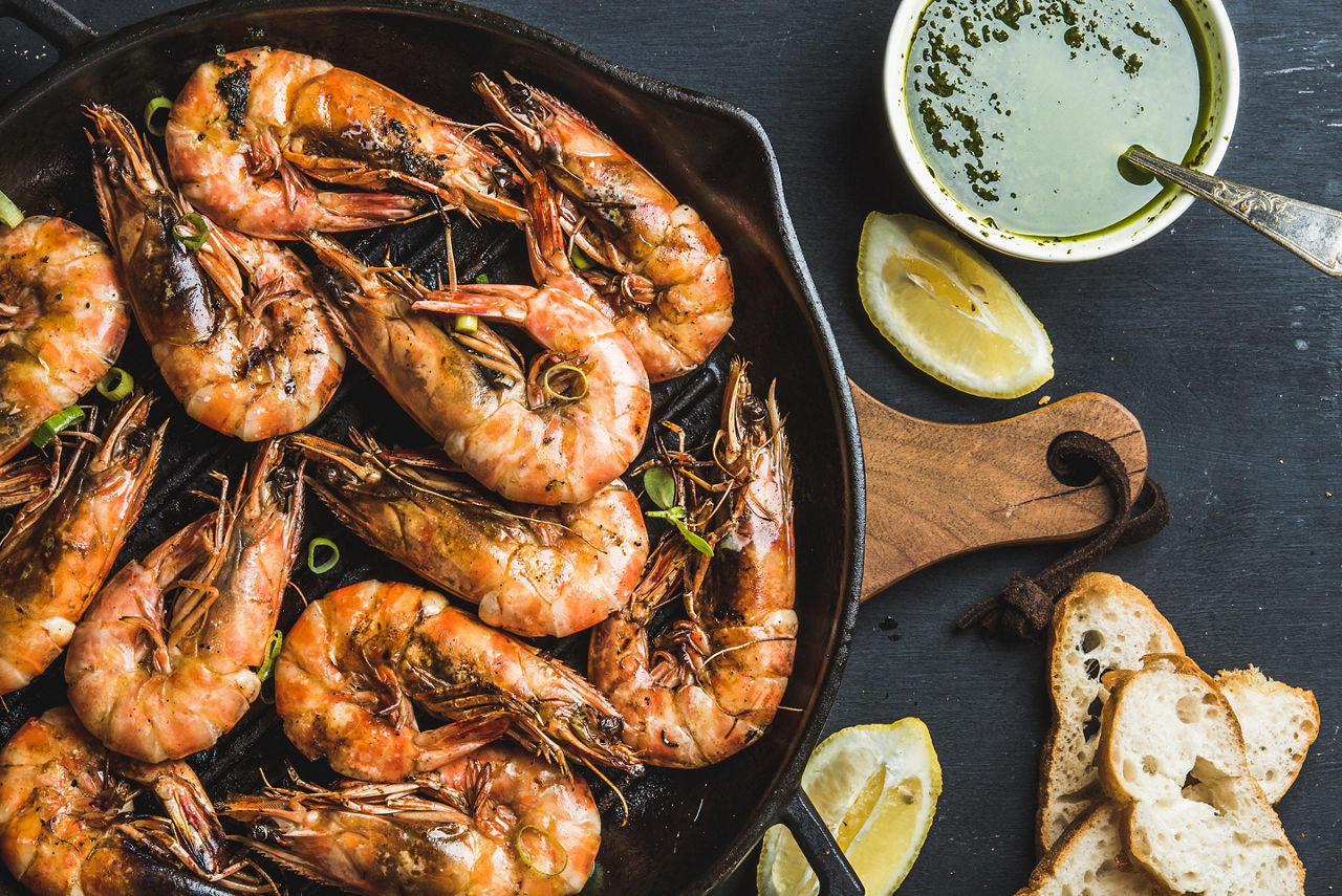 A plater of roasted tiger prawns