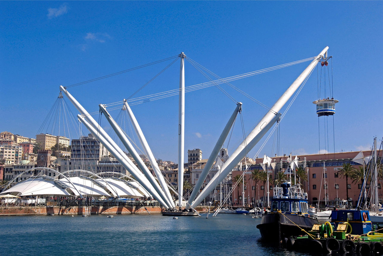 View of the Bigo Elevator in the Port of Genoa, Italy