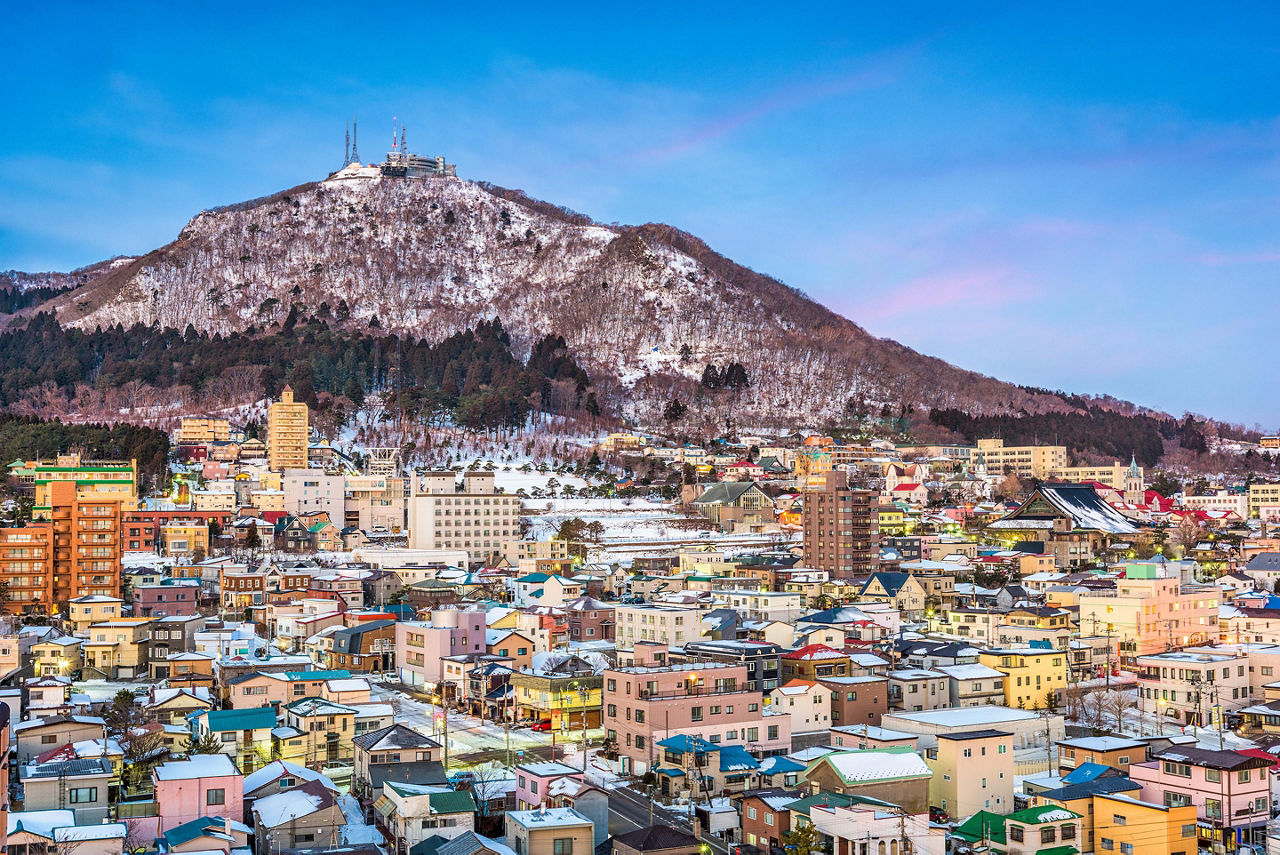 View of the town of Hakodate with Mt. Hakodate in the background, in Hakodate, Japan