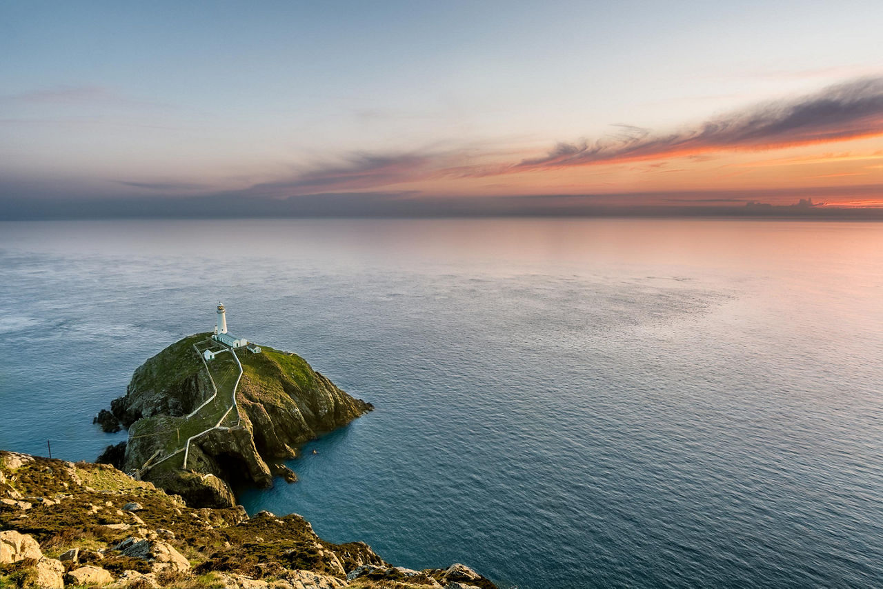 An aerial view of the South Stack lighthouse in Wales