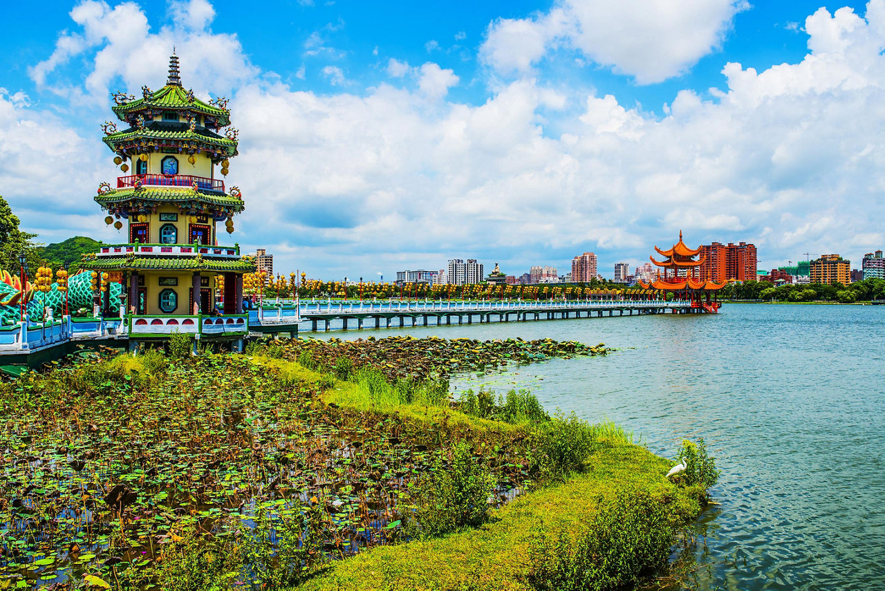 Kaohsiung's famous attraction of the Lotus Pond and Dragon Tower with intricate asian designs