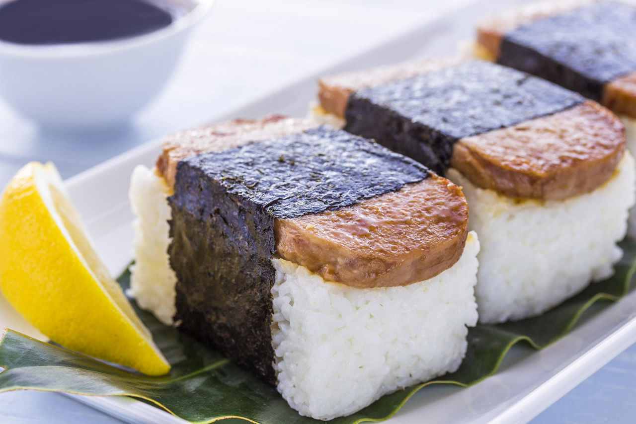 Common Hawaiian food is rice with spam on top wrapped with nori