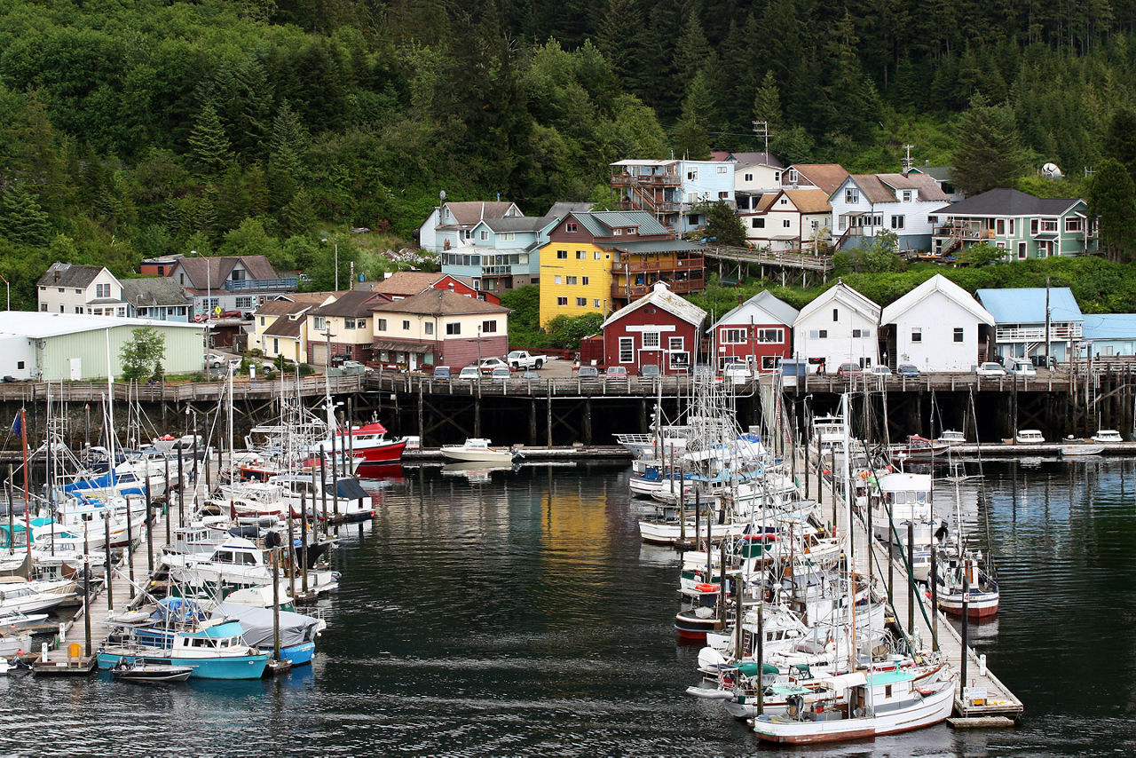 Boats Docked by Cabins Town, Ketchikan, Alaska 