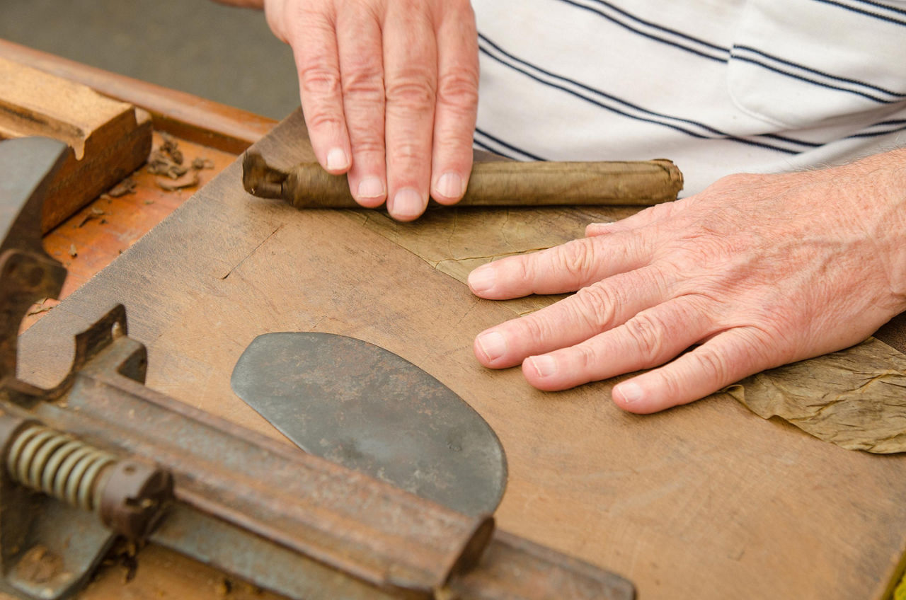 A man rolling cigars