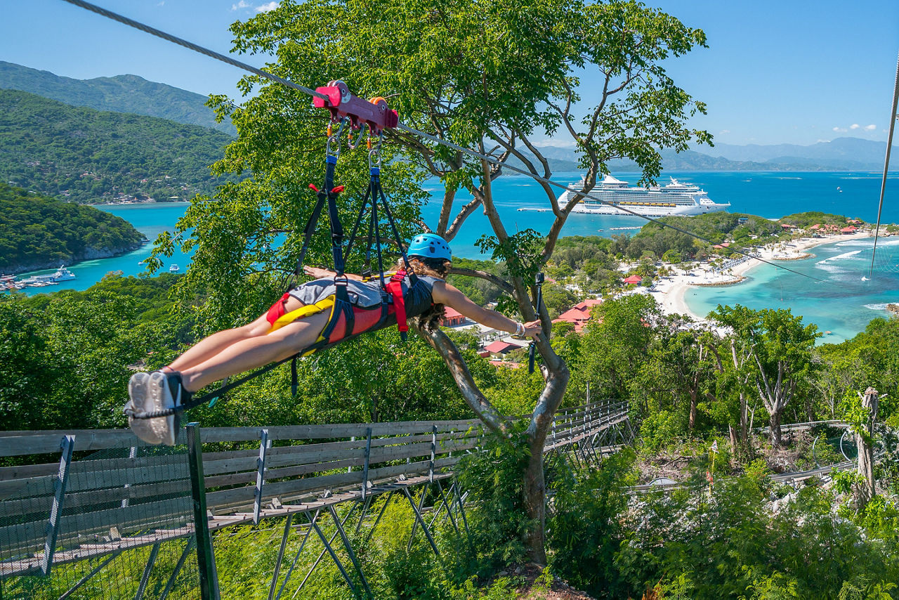 Woman Zip-lining Through the Jungle, Labadee ,Haiti