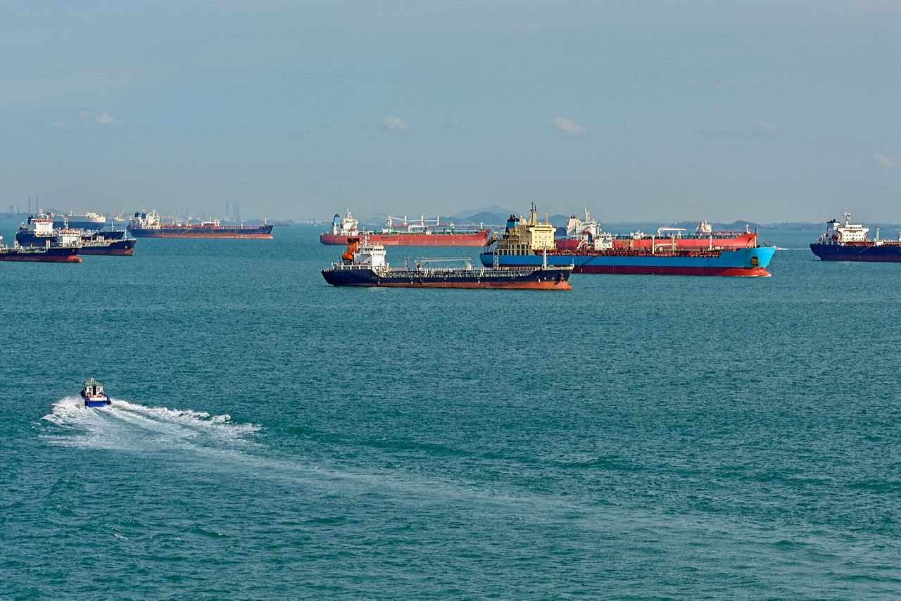 Congested traffic in the narrow passageway in the Straits of Malacca, Malaysia