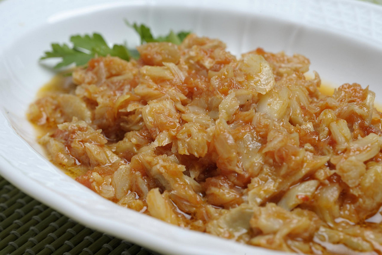 Dish of codfish in tomato sauce, in Monte Carlo, Monaco