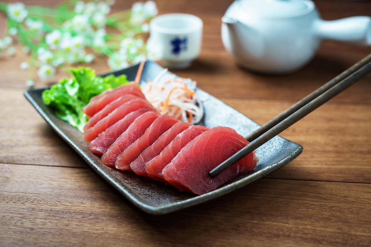 Raw fish tuna sashimi in traditional Japanese style