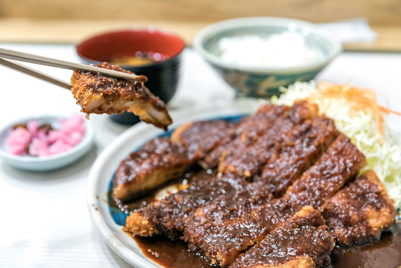 Japanese food miso buta katsu pork cutlet set with rice