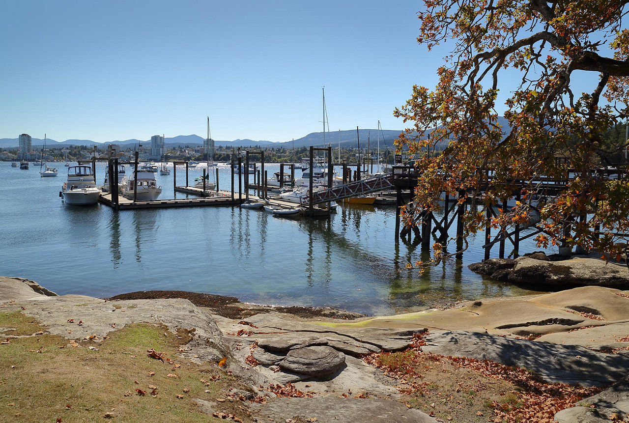 Boats docked at the Newcastle Marina in Nanaimo, British Columbia