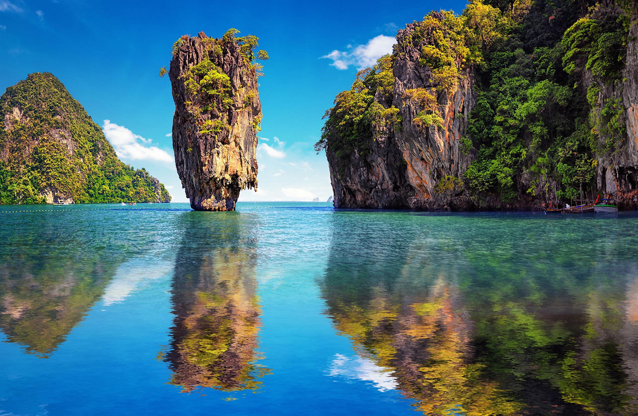 Exotic mountain rocks coming out of the ocean in Phuket, Thailand