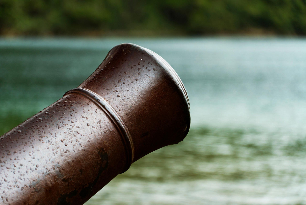 Barrel of antique ship canon on Marlborough Sounds in Picton, New Zealand