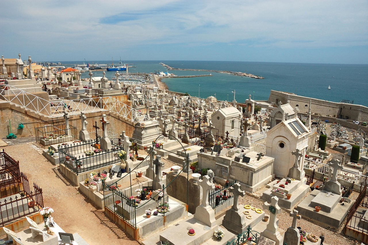 A coastal graveyard overlooking the ocean in Sete, France