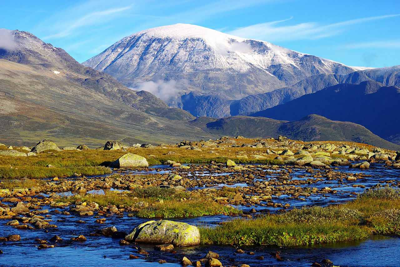 View of the scenic mountain landscape in Jotunheimen National Park near Skjolden, Norway