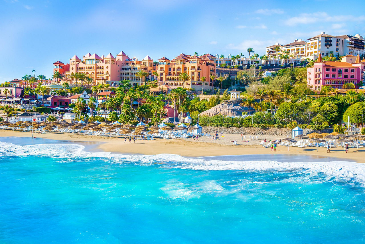 View of El Duque beach at Costa Adeje in Tenerife, Canary Islands