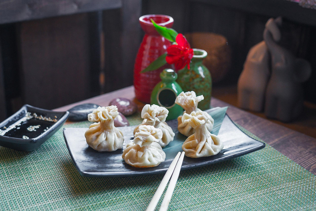 Dumplings of Pan-Asian cuisine from a restaurant in Vladivostok, Russia