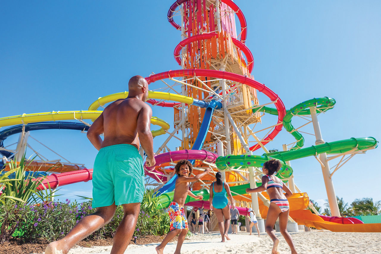 Perfect Day at Coco Cay Daredevil Peaks Family Running Towards Thrill Water Park