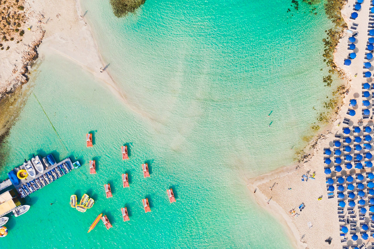 Nissi beach in Ayia Napa, clean aerial photo of famous tourist beach in Cyprus