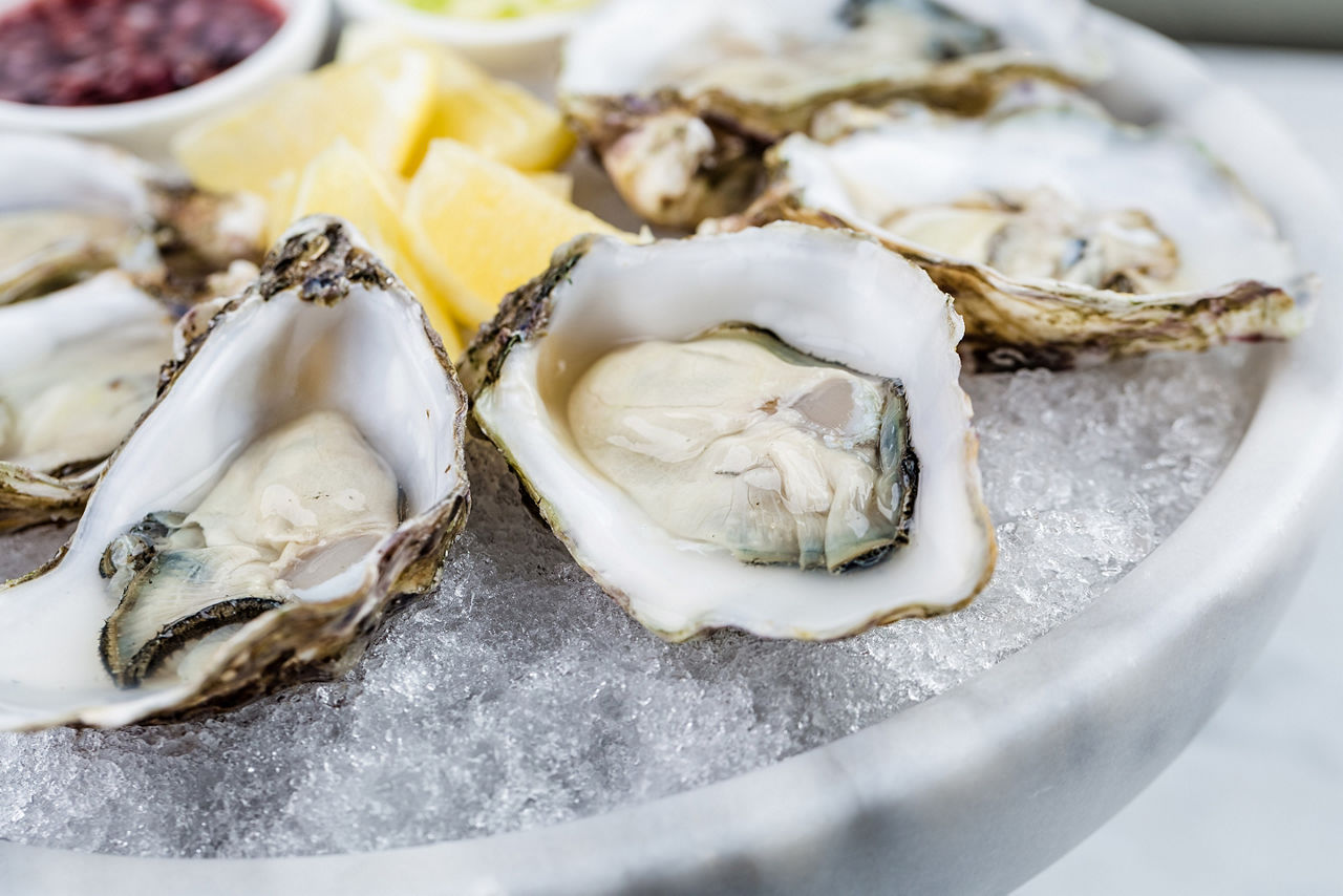 Fresh oysters platter with sauce and lemon