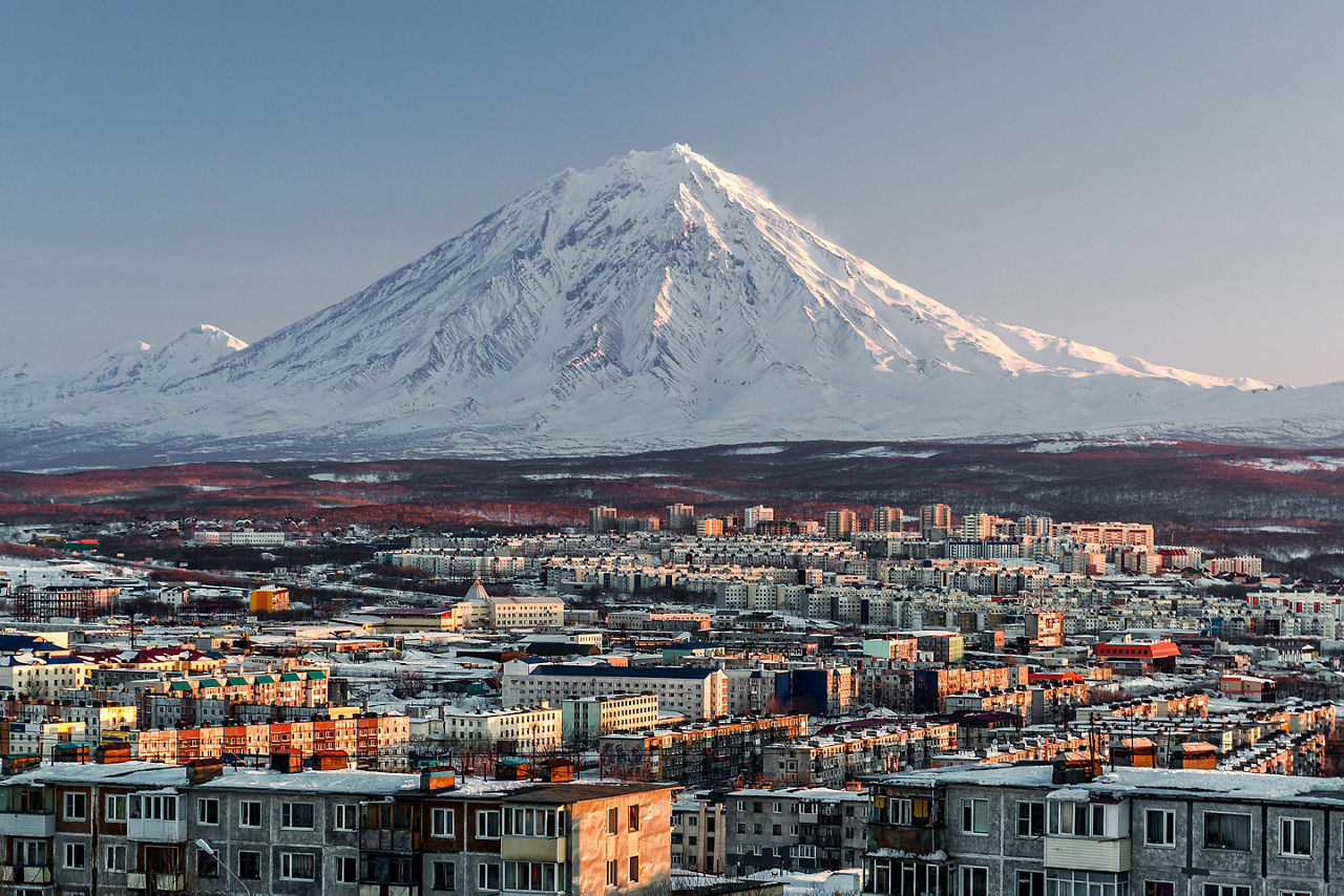 Russia Petropavlovsk Kamchatsky City Scape Volcano Sunrise