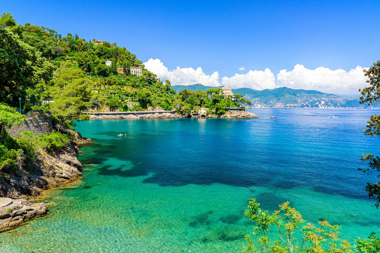 Bay of Paraggi in Santa Margherita Ligure with paradise white beach, close to Portofino.