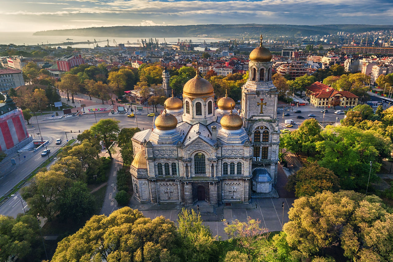 Aerial view of The Cathedral of the Assumption in Varna