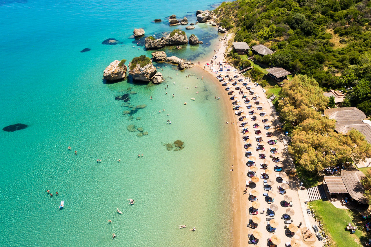 Aerial view of Porto Zorro Azzurro beach in Zakynthos (Zante) island, in Greece